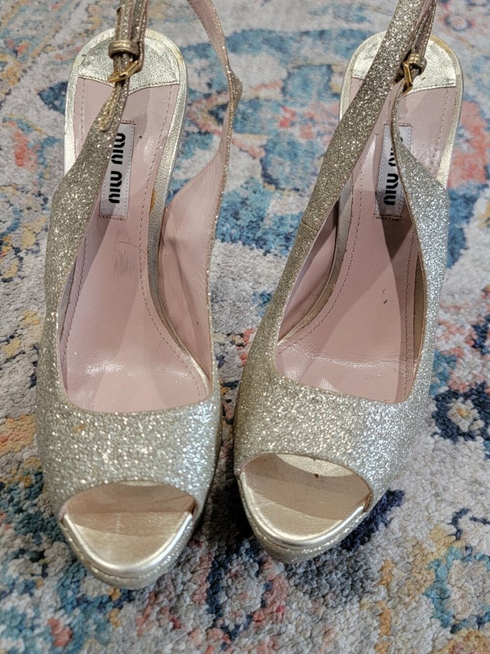 Miu Miu Gold Glitter Stiletto Peep Toe Platform Slingback Heel